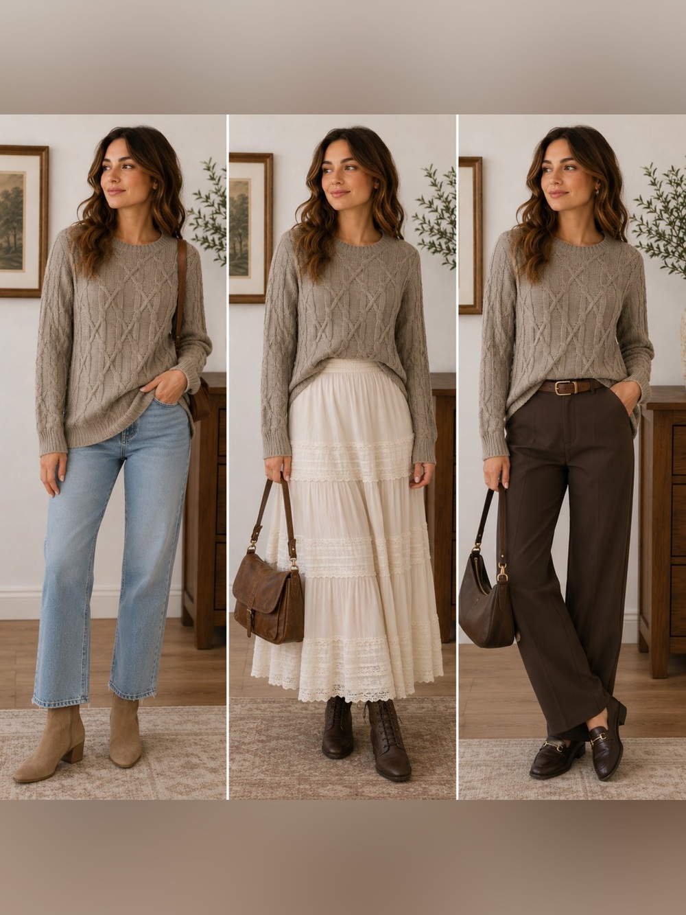 Vintage Neiman Marcus Taupe Cable-Knit Crewneck Sweater Silk/Cashmere blend